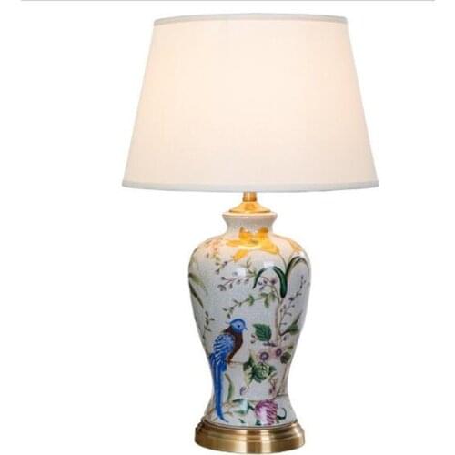 Vintage Country Hand Painted Birds Chinese Ceramics Led E27 Table Lamp for Living Room Bedroom Bedside Wedding Deco H 63cm 2213