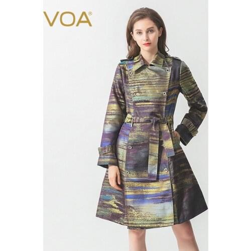 VOA Blue Strappy Shoulder Straps with Long-sleeved Double-row Buckled Military-style Wind Bag Silk Womens Windshield F306