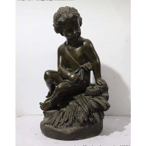 Western Bronze Lovely Naked Boy Kid Child Tease Bird Art Deco Sculpture Statue