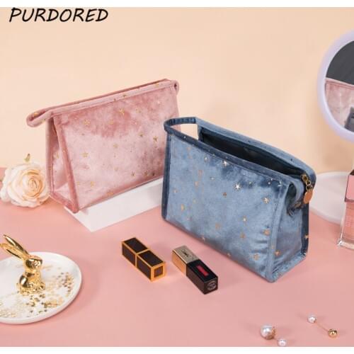 PURDORED 1 Pc New Fashion Women Cosmetic Bag Zipper Gold Star Velvet Makeup Bag Soft Female Travel Make Up Pouch Beauty Case