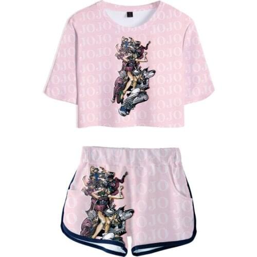Jojo Bizarre Adventure Shirt Track Suit Girls 3D Print Womens Set Crop Top Pullover Tops Shorts Ladies Casual Clothing Outfits