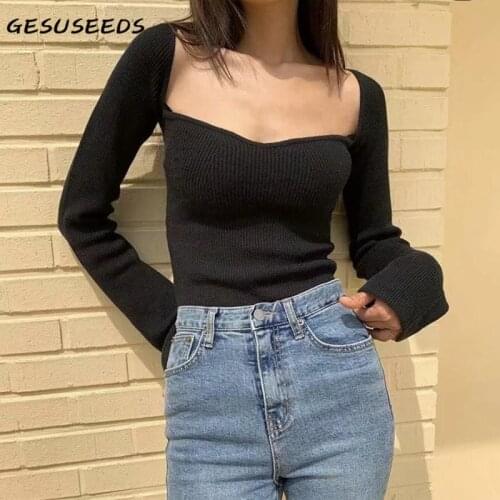 Vintage sweater women long sleeve pollover korean square neck sweater black sexy crop sweater white pink solid pullover 2021