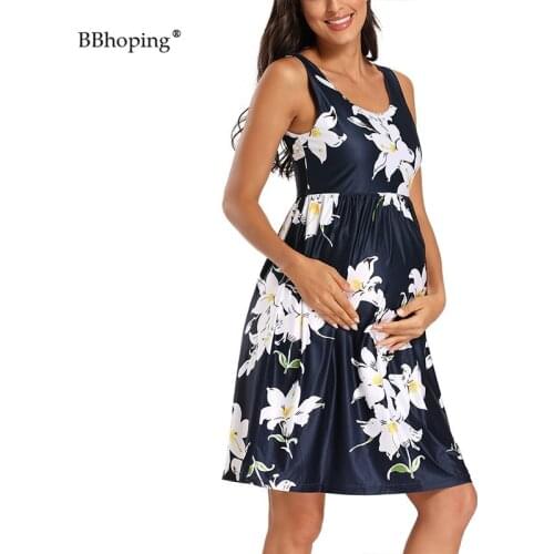Maternity Tank Tops Dresses Womens Sleeveless Pritting A-line Maternity Dress Pregnancy Casual Loose Comfortable Dress