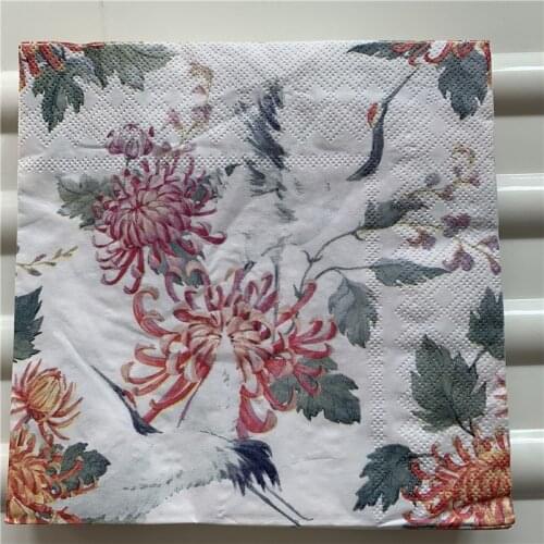 20 vintage napkin paper elegant tissue red flower chrysanthemum bird Crane handkerchief decoupage wedding birthday party decor