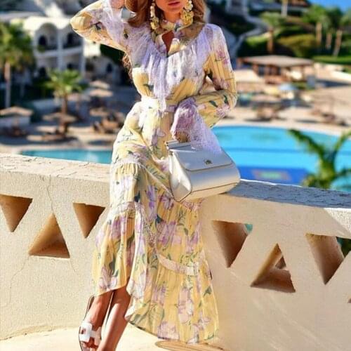 2021 Fashion Design Autumn Dress Women Long Sleeve Flower Printed Lace Patchwork Elegant Long Dress