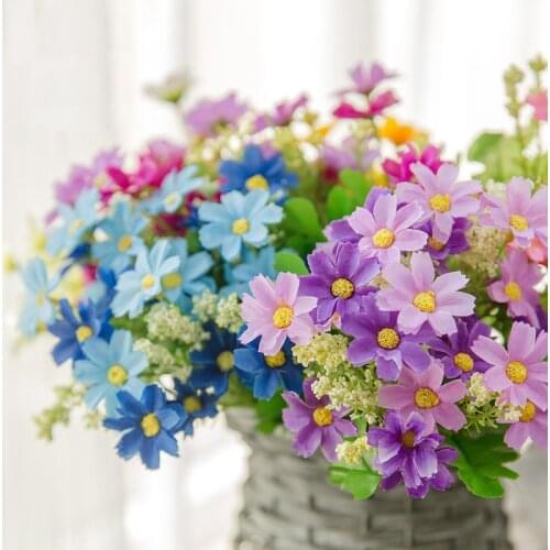28 Heads Little Daisy Silk Artificial Flower Bundle Daisy Multicolor Blue Pink Bouquet Home Wedding Decoration Rainbow Bright