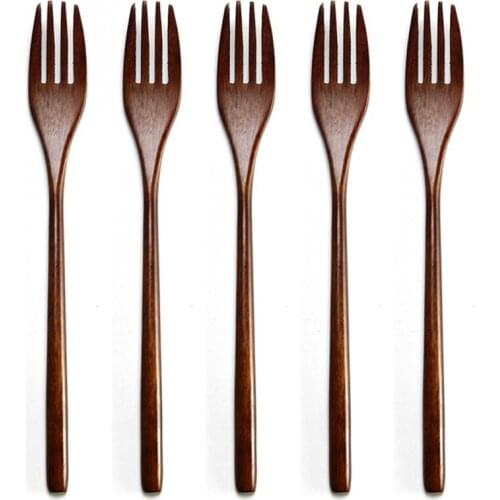 5Pcs Japanese Eco-friendly Silver Dinner Wooden Salad Tableware Flatware Fruit Serving Children Food Wooden Forks