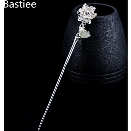 Bastiee Lotus Flower 925 Sterling Silver Hair Stick Women Luxury Wedding Hairpin Hanfu Accessories With Jade