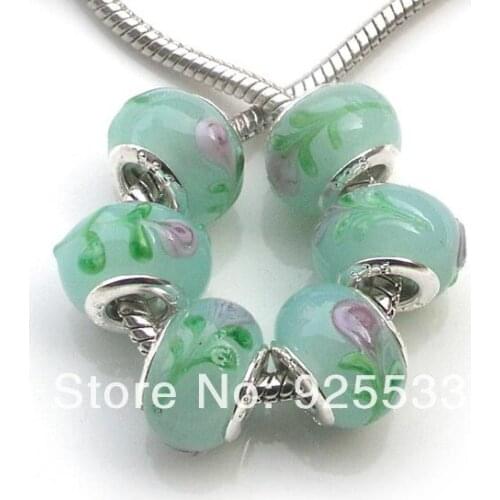 Free shipping 8x14mm 50pcs/ot silver color core light blue glass big hole beads fit European bracelet DIY