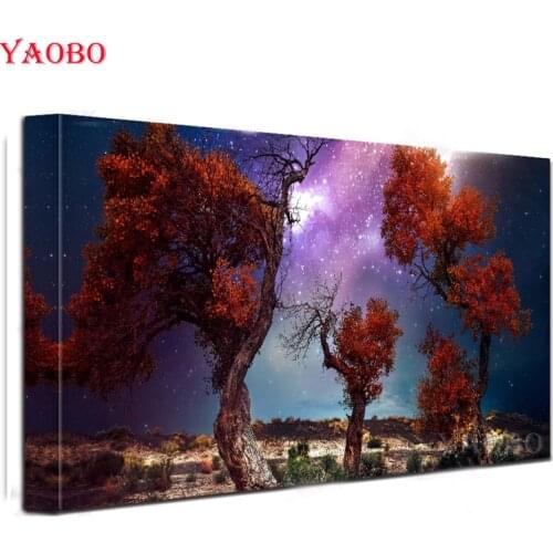 DIY Large Panoramic Starry Sky Diamond Embroidery Red Tree 5D Cross Stitch Diamond Painting Crystal Mosaic Wall Sticker Decor