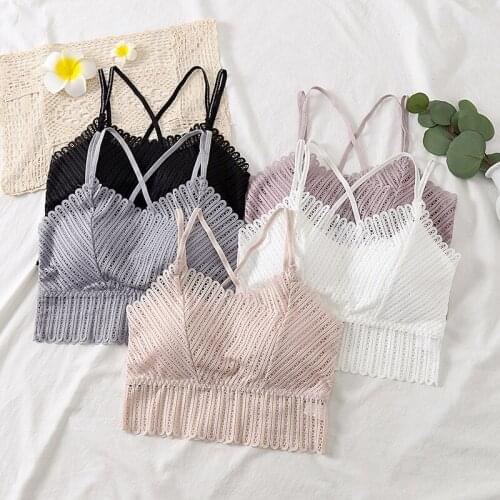 Women Hollow Lace Tube Top Cross Shoulder Strap Sexy Bra Lingerie Stripes Removable Chest Pad Bandeau Underwear Sports Vest