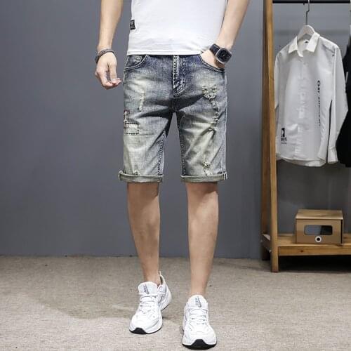 Summer Mens Retro Blue Fashion Jeans Shorts Knee Length Slim Beggar Frayed Water Wash Do The Old Male Five Points Pants
