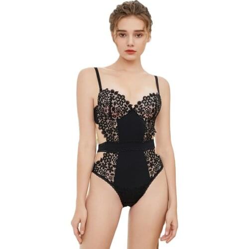 French Sexy Bodysuit Lace Hollow Push Up Bra Set Fashion Black Temptation Bodycon Women Embroidery Underwear Sleepwear Onesies