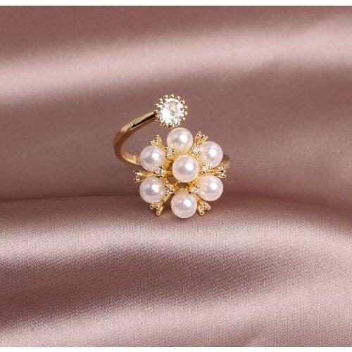 Korean New Design Fashion Jewelry Exquisite Copper Inlay Zircon White Pearl Elegant Female Opening Adjustable Index Finger Ring