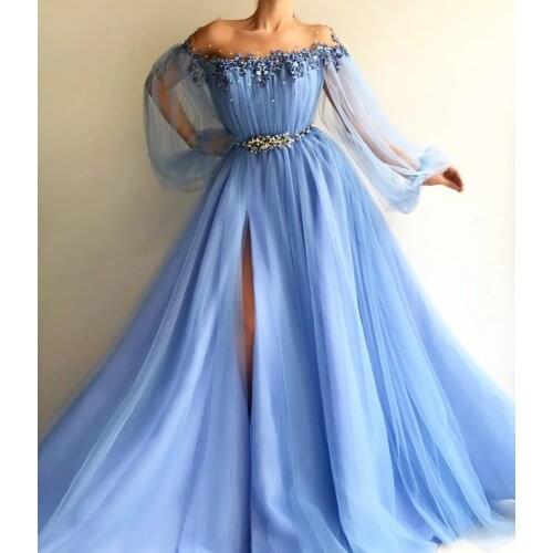 New Arrival Blue Illusion O Neck Appliqued Lace Beaded Pearls Thigh Slit Floor Length Prom Dresses 2020