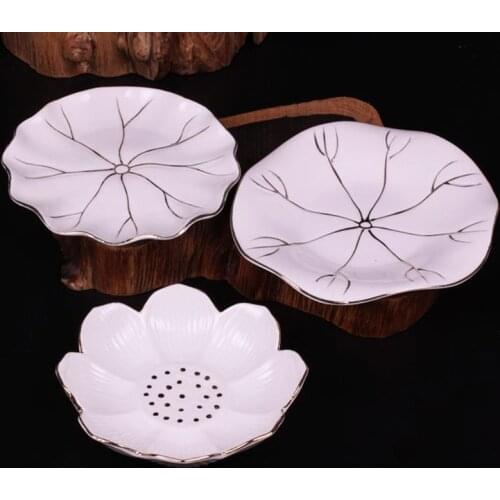 Mini Pure White Ceramic Whiteware Outline in Gold Fruit Tray Special Buddhist Lotus/Leaf Shape Tall Compote with Pedestal