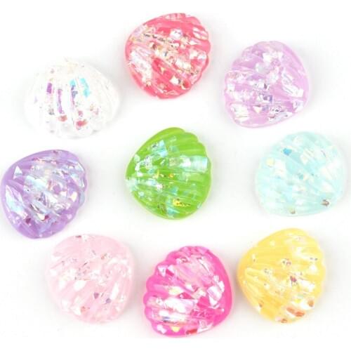 Mini Order 10pcs Colorful Glitter Resin Cabochons Flatback Sea Shell Patch Sticker Charms DIY Patch Fit Girl Bow Center 19*21mm