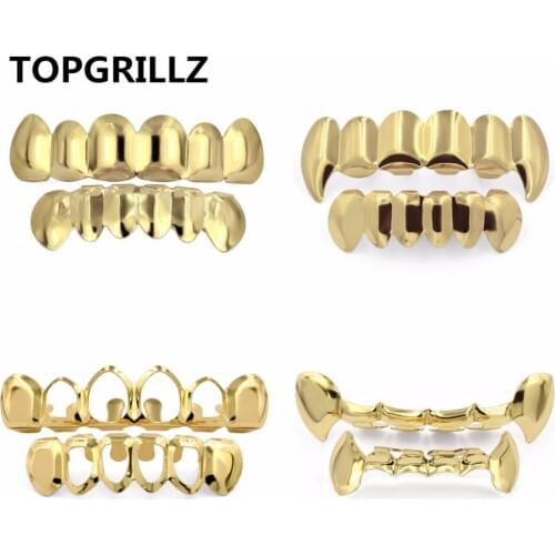 TOPGRILLZ Pure Gold Color Plated HIP HOP Teeth Grillz Top & Bottom Grill Set With silicone Teeth ship from US
