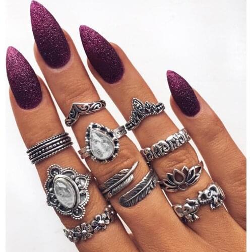 10pcs / set Boho Mixed Silver Color Flower Elephant Lotus Feather Crystal Finger Ring Set Women Party Jewelry Accessories