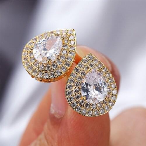 Charm Water Drop Stone Stud Earrings Vintage Female White Zircon Earrings Boho Rose Gold Silver Color Wedding Earrings For Women