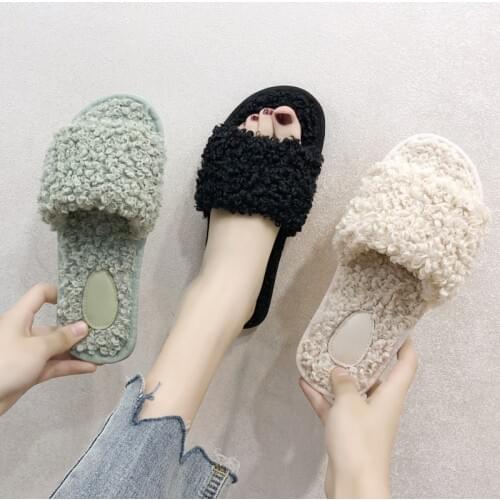 Autumn Winter New Curly Plush Slippers Female Home Indoor Wooden Floor Flip Flops Confinement Non-Slip Plush Comfortable