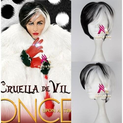 Deville Cruella De Vil Cosplay Wig One Hundred and One Dalmatians DeVil Wigs Half White Half Black Layered Cosplay Wig +wig cap
