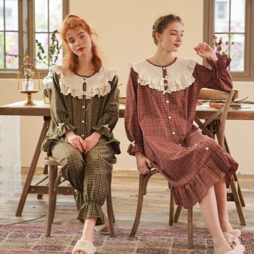 Pajamas womens spring and autumn new pure cotton plaid woven womens Plaid casual home wear set