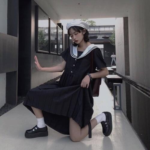 Japanese Retro Gothic Black Dresses Summer 2020 Soft Girl Style Dress Female Student Midi Dress Summer Vestido AA5334