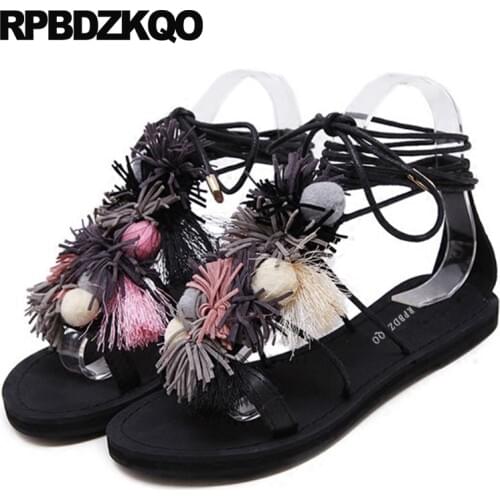 Roman Tie Up Kawaii Women Open Toe Bohemia Flat Cheap Shoes Gladiator Fringe Strappy Pom Pom Cute Ethnic Ladies Strap Sandals