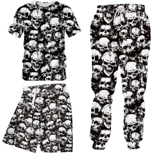3D Printing Skull Button Shirt Harajuku Shirt Oversize Mens Black White Shirt Summer Youth Passion Streetwear 3 Piece Tracksuit