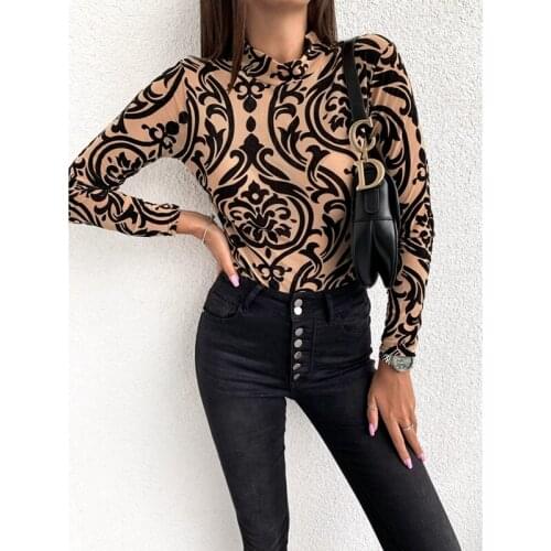 Sexy Women Leopard printed Floral Long Sleeve High Turtleneck Tops Casual Basic T-shirt Tee Evening Party Clubwear