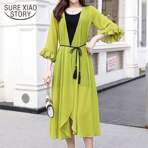 Summer Irregular Chiffon Shawl Womens Mid-Length Three-Quarter Sleeve Thin Sun-Proof Clothing Elegant Fashion Cardigan 9737