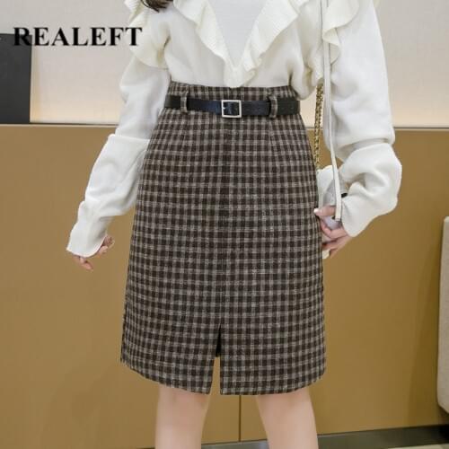 REALEFT Autumn Winter Woolen Midi Skirts New 2020 Vintage Plaid High Waist Wrap Skirts with Belt Front Split Female A-Line Skirt