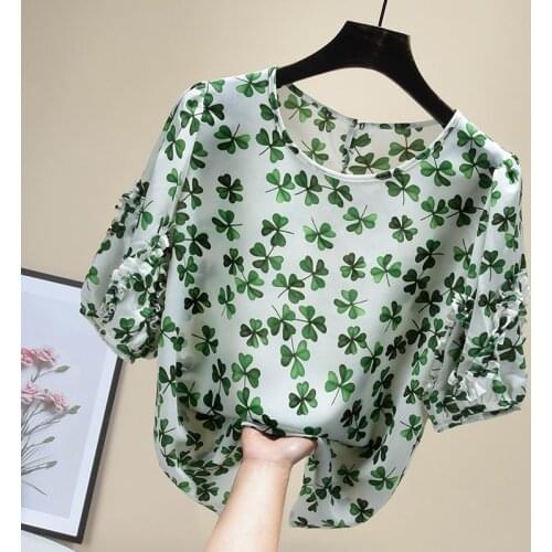 High-End Chiffon Print Short Sleeve Shirts Women Summer Blouses Loose Temperament All-Match O-Neck Tops Stylish Mujer MM0837
