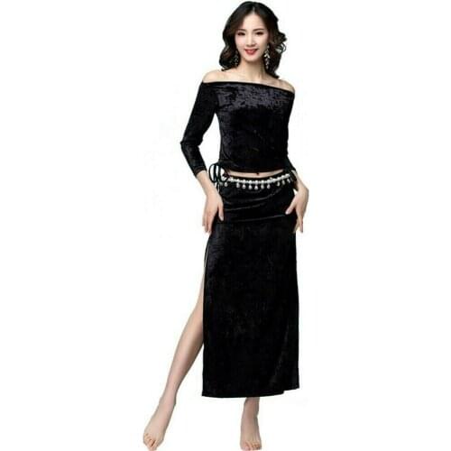 Women Belly Dance Costumes Set Velvet Dancewear Slit Skirt Long Sleeve Top Velvet Multicolor Dancewear 934-213