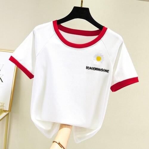 Woman T-Shirt Fashion Tops Red 2021 Flower Embroider T Shirt Women Short Sleeve Summer Cotton Tshirt Ladies Shirts Slim