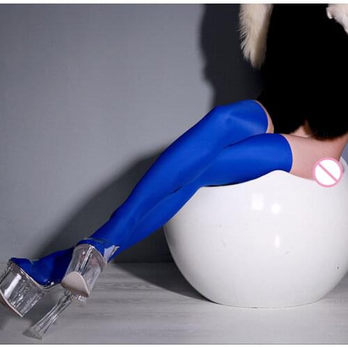 Sexy Women Plus Size Lycra Shiny High Stockings Candy Over Knee Elastic Stockings Moto Biker Club Stage Wear Black Blue 27