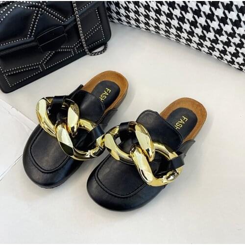 2021 Women Mules Slipper Low Heels Casual Slides Flip Flop Round Toe New Arrival Brand Design Gold Chain Closed Slip On Shoes