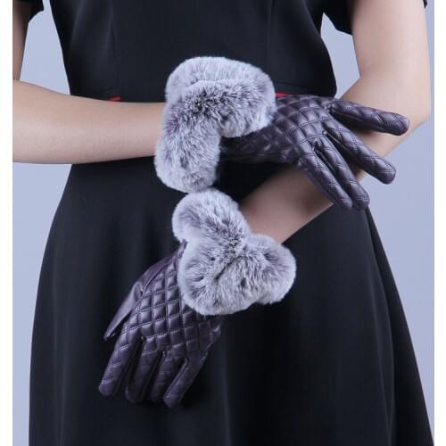 Women Touch Screen Gloves PU Leather Female Waterproof Thick Faux Rabbit Fur Gloves Red Black Warm Spring Winter Gloves WA 028