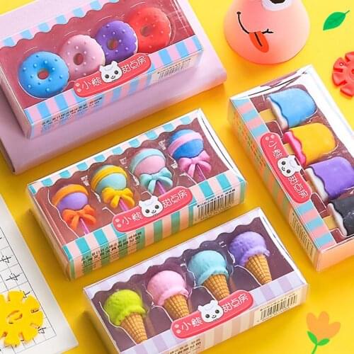 4pcs/set Lovely Cartoon Eraser Ice Cream Ice-lolly Lollipop Donut Shaped Rubber Stationery School Supplies