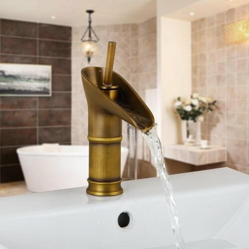 Antique Brass Deck Mount Waterfall Bathroom Faucet Vanity Vessel Sinks Mixer Tap Cold And Hot Water Tap