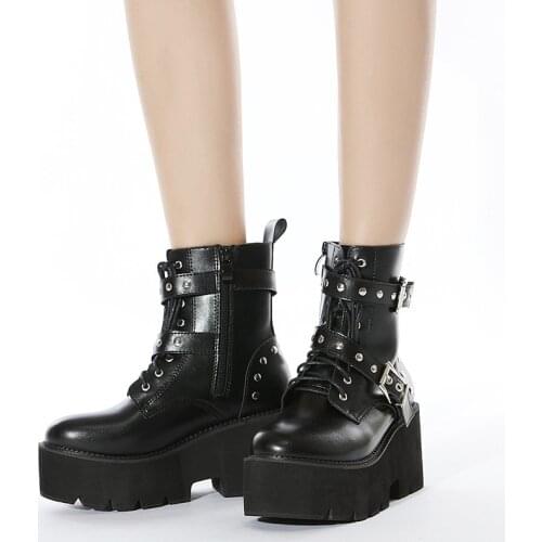 Autumn Winter Gothic Black Thick-soled Thick High-heeled Boots Fashion Nightclub Front Lace-up Metal Square Buckle Short Boots