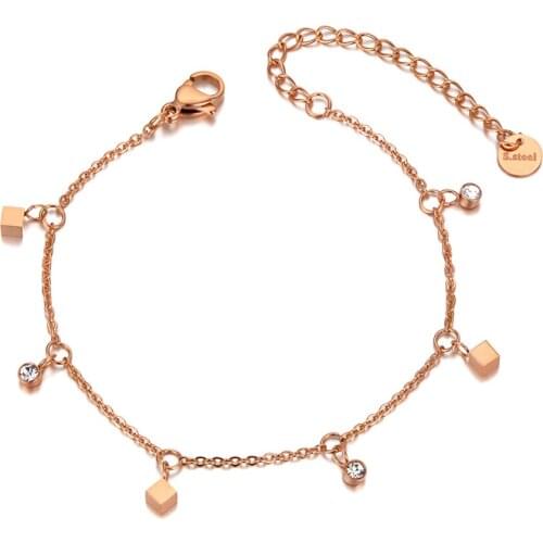 Rose Gold Stainless Steel Square Charm Bracelets Bangle For Women Bohemia CZ Crystal Chain Link Beach Bracelet B20036