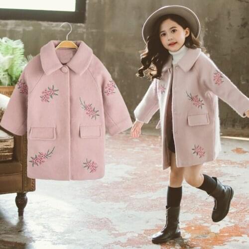 Childrens Outerwear Flower Embroidery Thicken Wool Coat for Girls Fashion Winter Kids Long Windbreaker Coat 4 6 8 12 14 Year