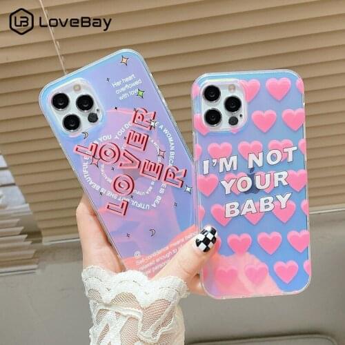 Gradient Laser Love Heart Creative Letter Phone Case For iPhone 11 12 Pro Max X XR XS Max 7 8 Plus SE 2020 Clear Soft TPU Cover