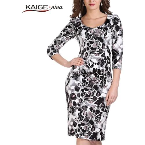 Kaige.Nina New Womens Clothing Novel Style 7 Minutes Of Sleeve Round Collar Tight Printing Knee-Length Dress 1228