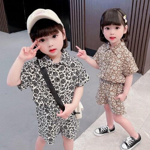 Kids Girls Floral Print Clothing Set Black Khaki Tops Short Pants 2Pcs Sets 2021 New Arrival SUmmer Tops Turn Down Collar 12M-6Y