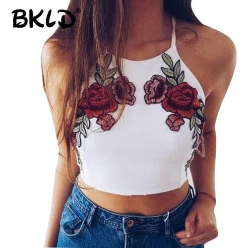 BKLD Fashion 2018 Summer New Tanks Top Women Rose Embroidery Top Sexy White Women Camis Tank Female Crop Tops Halter Sexy Femme