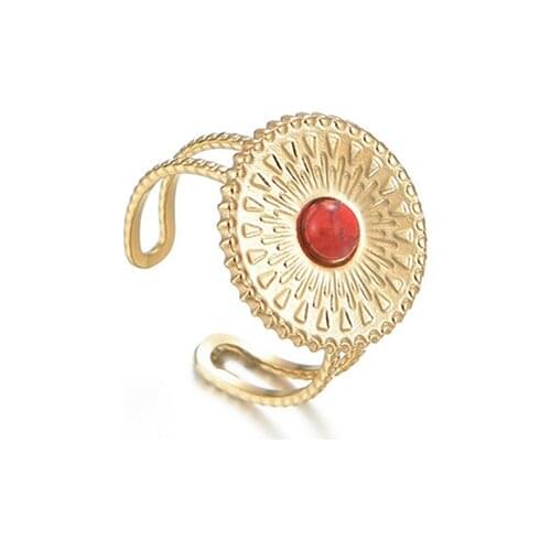 Bohemian Stainless Steel Round Sun Ring Adjustable Metal 18 K Plated Stone Opening Ring Inoxidable Mujer Party Jewelry Gift 2021
