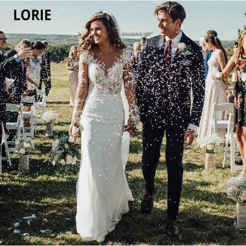 LORIE Long Sleeve Lace Wedding Dresses Mermaid Chiffon Bridal Gown Turkey Plus Size 2020 Illusion Button Wedding Party Gowns